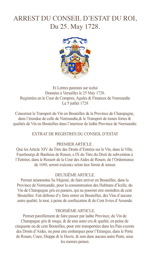 Arrest du Conseil d'Estat du Roi del 25 maggio 1728 sul trasporto del vino di Champagne in bottiglia
